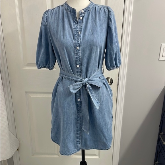 GAP Mini Dress Puff Sleeve Mock Neck Lt Wash Indigo Relaxed Fit Tie Belt Size S - Picture 1 of 13
